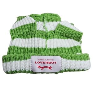 Charles Jeffrey Loverboy Beanie OS Green White Striped Chunky Knit Ear Hat